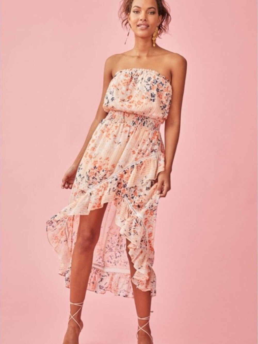 Ramy Brook Manon Dress S NWT Silk Floral Print Strapless High Low Ruffle Orange